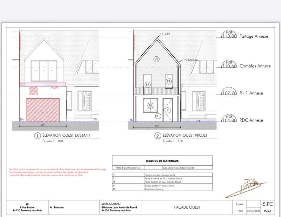 Élévations de l’état existant et du projet d’extension-surélévation d’une maison